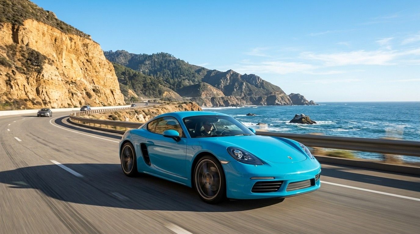 Blue sports coupe driving along a coastal road